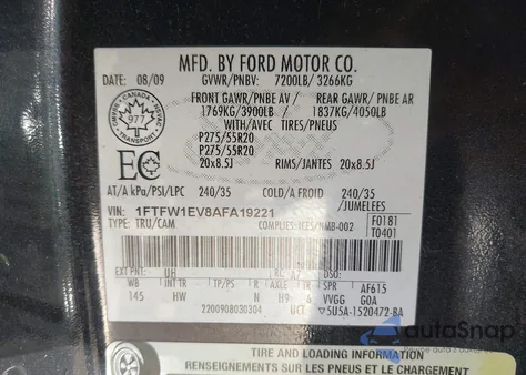 2010 Ford F-150 Fx4/Harley-Davidson/King Ranch/Lariat/Platinum/Xl/Xlt из США, поврежденный, VIN 1FTFW1EV8AFA19221